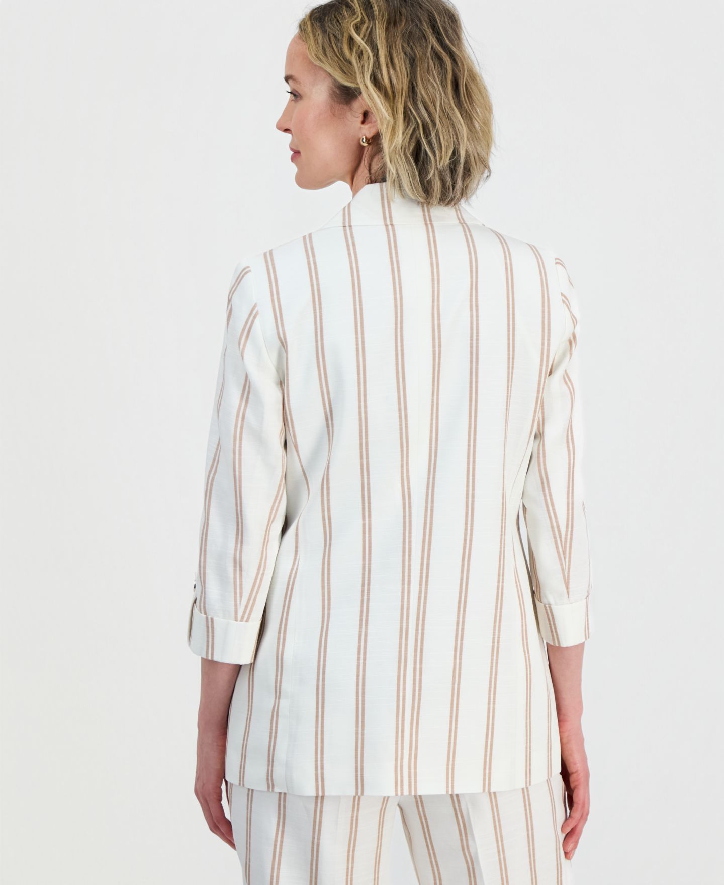 Женский пиджак Kasper Striped Linen Blend 3/4-Sleeve Double-Breasted Blazer, Regular & Petite, цвет: Ванильный ледяной — фото 9
