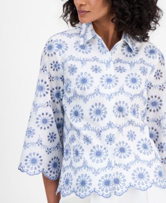 Women's Scalloped 3/4-Sleeve Eyelet Blouse