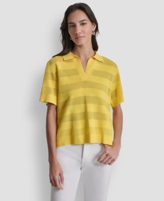 Women's Sheer Striped Collared Short-Sleeve Polo Shirt