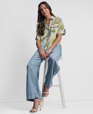 Women's Roll-Tab Sleeves Collar Neck Top