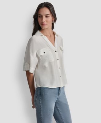 Women's Collared Neck Short Roll Tab Sleeve Shirt