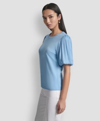 Women's Puffed Crew Neck Mix Media Knit Top