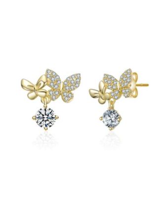 Round CZ Double Butterfly Stud Earrings in 14K Gold Plated