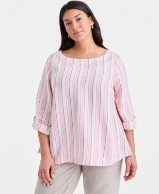 Plus Size Linen Multi-Stripe Roll-Tab-Sleeve Top