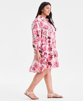 Plus Size Linen Floral-Print Flounce Shirtdress