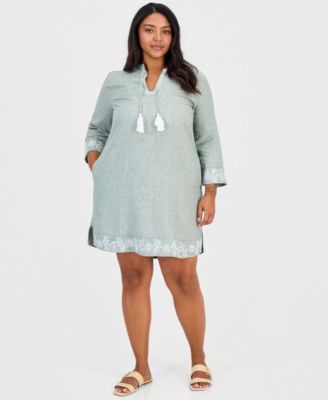 Plus Size 100% Linen Y-Neck Corded Trim Mini Dress