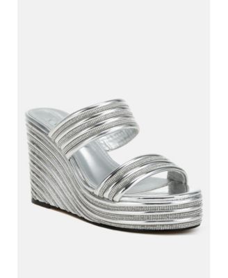 Womens Benched Metallic Faux Leather Wedge Sandals