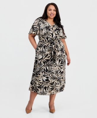 Plus Size Printed V-Neck Flutter-Sleeve Dress