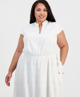 Plus Size V-Neck Cap-Sleeve Eyelet Dress