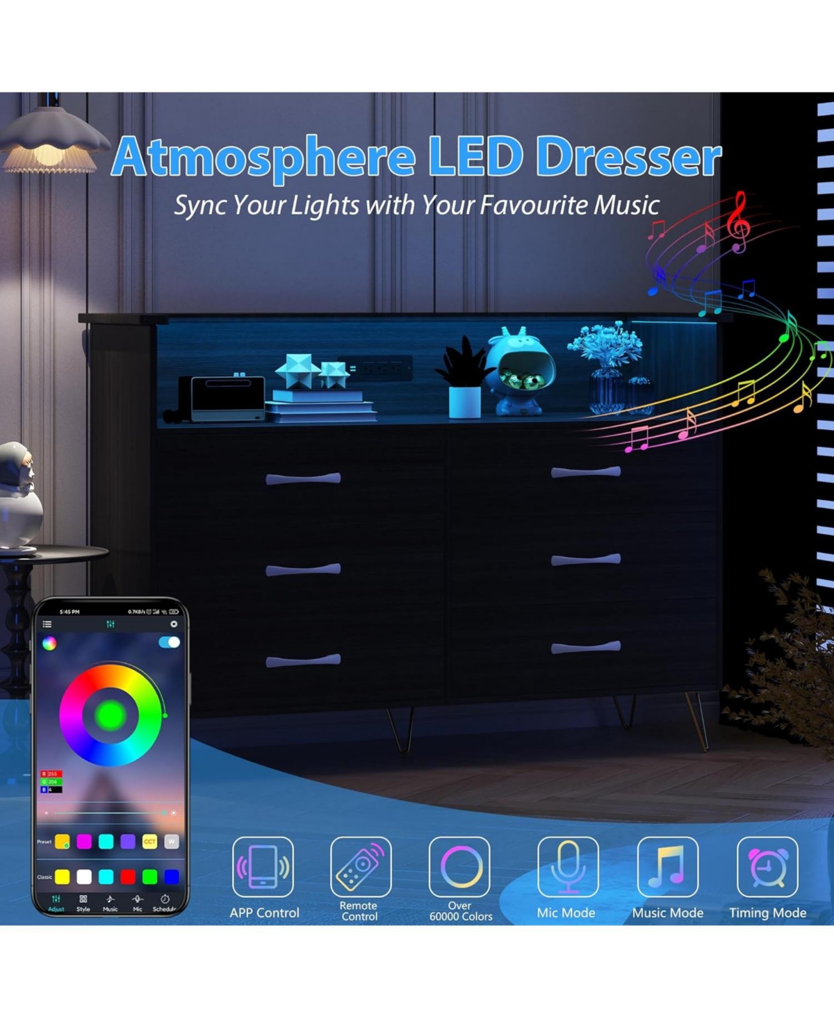 gaomon 6 Drawer Dressers for Bedroom,Dresser with Led Lights Power Outlet,6-Drawer Wooden Chest 2-Tier Open Shelf