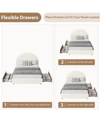 Queen Size Bed Frame with Storage Drawers, Upholstered Boucle Platform, Round Headboard, Heavy-Duty
