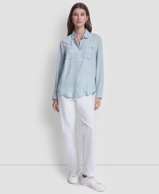 Women's Garment-Dye & Print Split-Back Button-Front Shirt