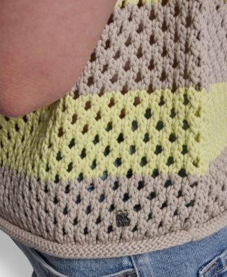 Women's Short-Sleeve Raglan Stripe Pointelle Pull-On Sweater