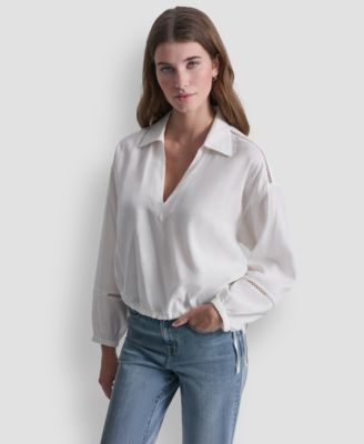 Women's Cropped Long-Sleeve V-Neck Shirt