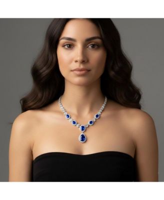 Sterling Silver White Gold Plated CZ Statement Teardrop Necklace