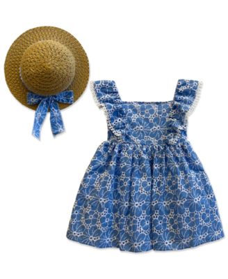 Girls' 2T-6X Eyelet Round Neck Sundress with Hat