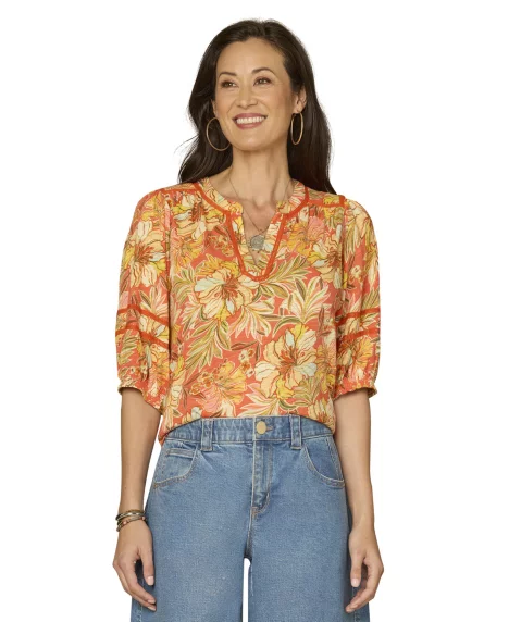 Petite Smock Mandarin Collar Neck Top - Deep Coral Multi