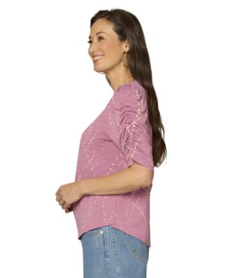 Petite Printed Ruched-Sleeve Scoop-Neck Top