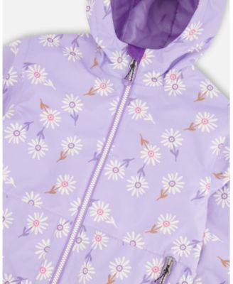 Big Girls Mid-Season Jacket Purple Daisy Print