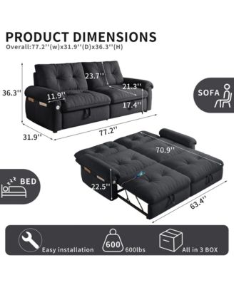 Multifunctional Sofa Bed, 77-inch Modern Velvet Fabric Convertible Sofa Couches, 2-in-1 Pull Out Sofa Bed with USB Charger, Beige