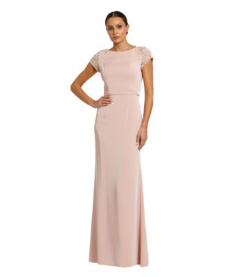 Women's Beaded Cap Sleeve Column Evening Gown