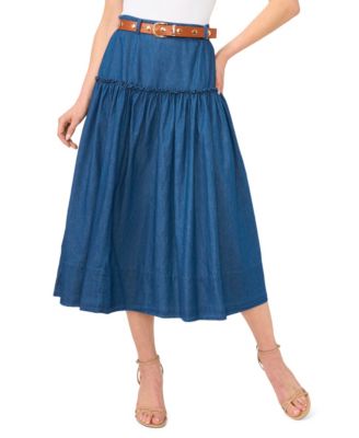Women's Belted Denim Midi Skirt