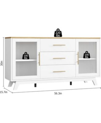 56" Large Sideboard Buffet with Drawer, Buffet Storage Cabinet with Adjustable Shelves and Fluted Glass Door, Modern Coffee Bar Cabinet