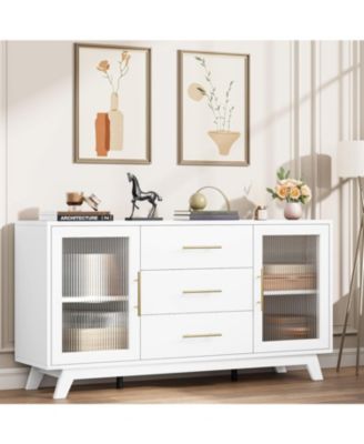 56" Large Sideboard Buffet with Drawer, Buffet Storage Cabinet with Adjustable Shelves and Fluted Glass Door, Modern Coffee Bar Cabinet
