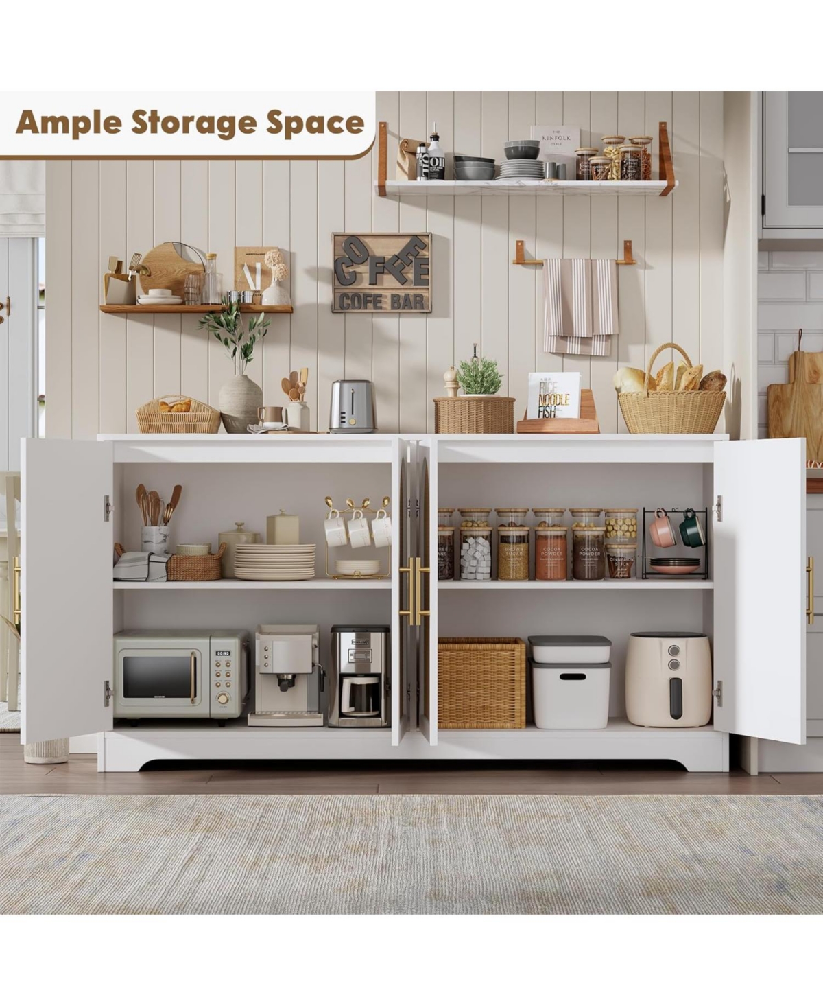 gaomon 59" Sideboard Buffet Cabinet with 4 Rattan Doors, Modern Credenza Coffee Bar for Living Room