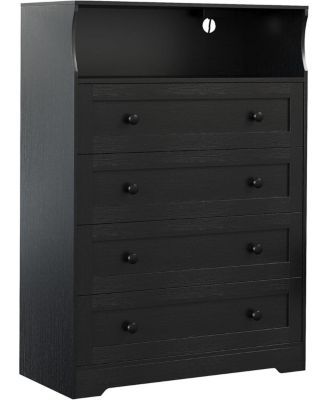 4-Drawer Wooden Dresser with LED Lights & Charging Station, Modern Nightstand Chest for Bedroom