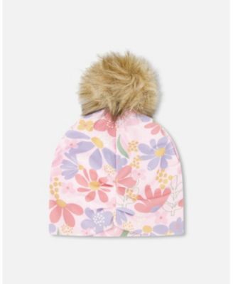Baby Girls Stretch Jersey Hat Flower Print with Pompom