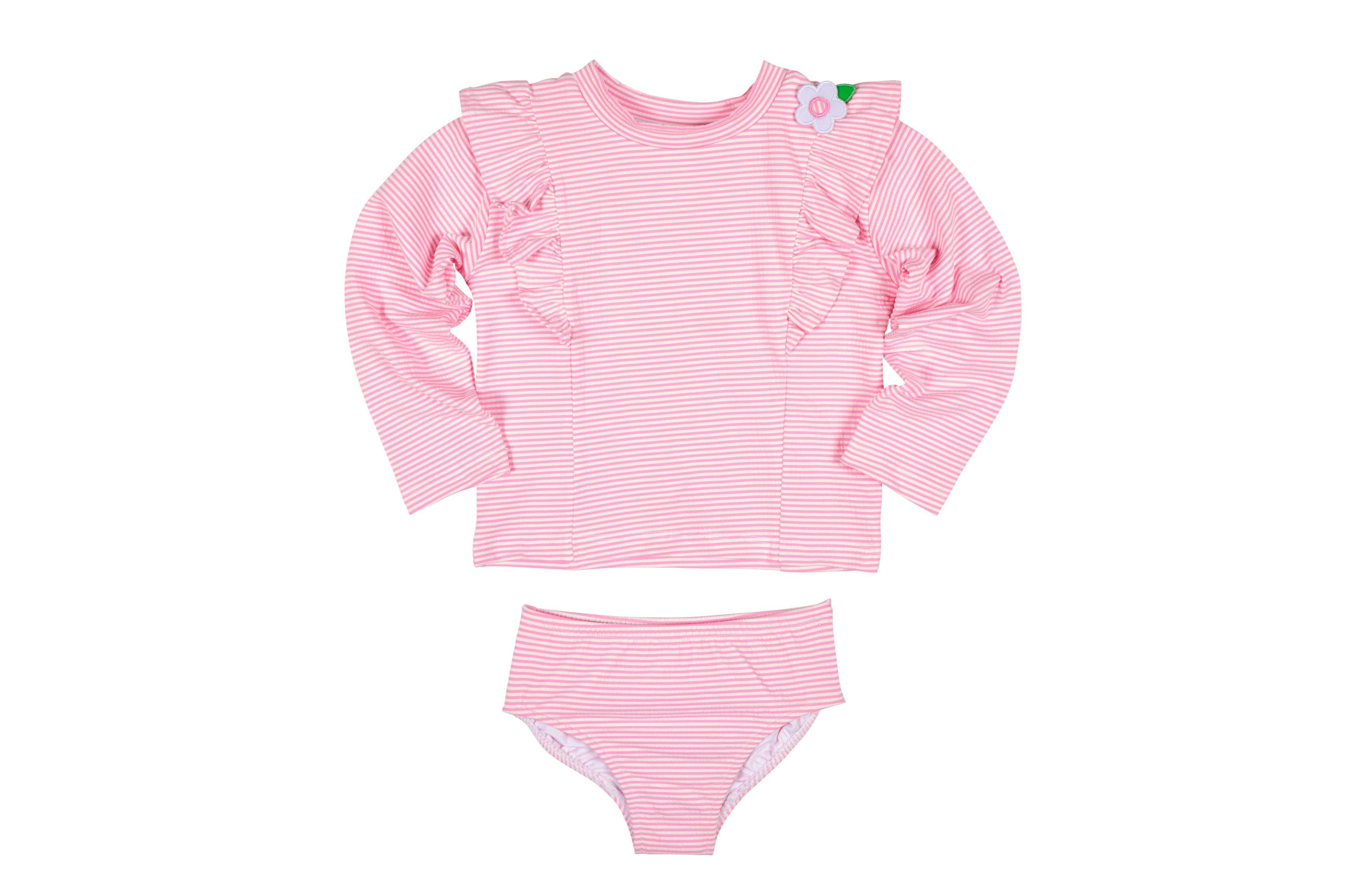 Florence Eiseman Big Girls Stripe Seersucker Rashguard Swimsuit with Flower