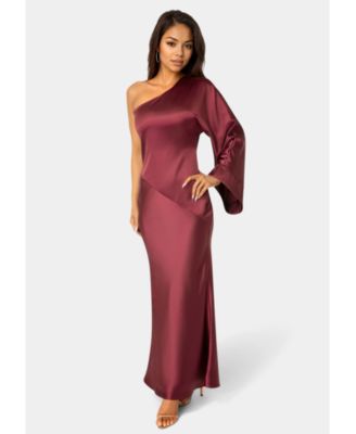 Women's One Shoulder Bell Sleeve Satin Maxi Dress