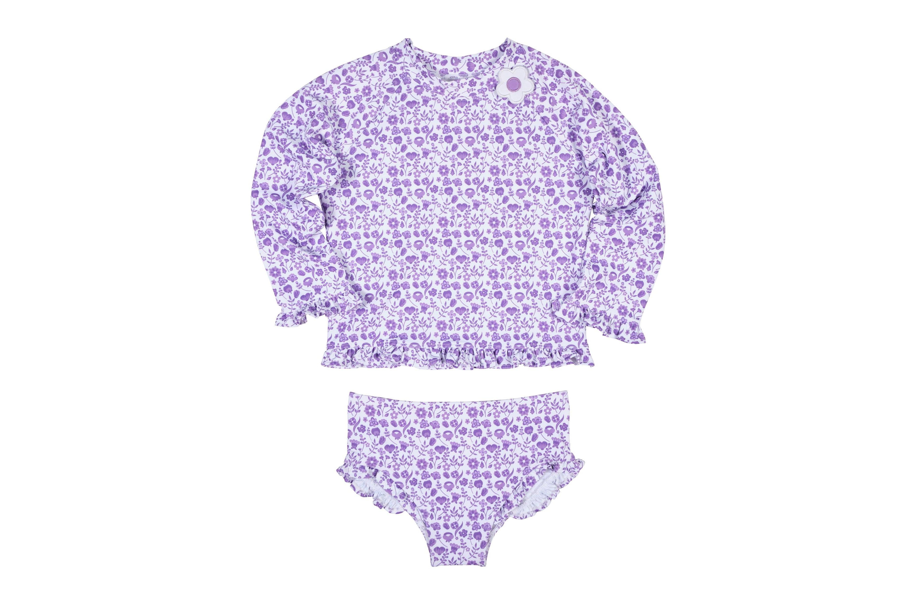 Florence Eiseman Girls Floral Print Rashguard Swimsuit with Ruffles