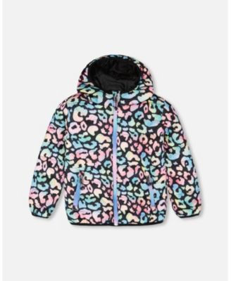 Big Girls Quilted Mid-Season Jacket Black Animal Print