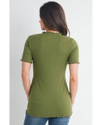 Women's Maternity Ribbed Crew Neck Short Sleeve Top with Lettuce Hem