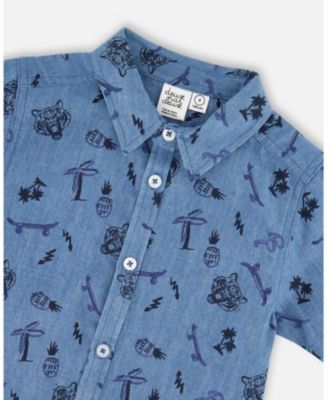 Toddler Boys Chambray Short-Sleeve Shirt Blue Printed Skateboards