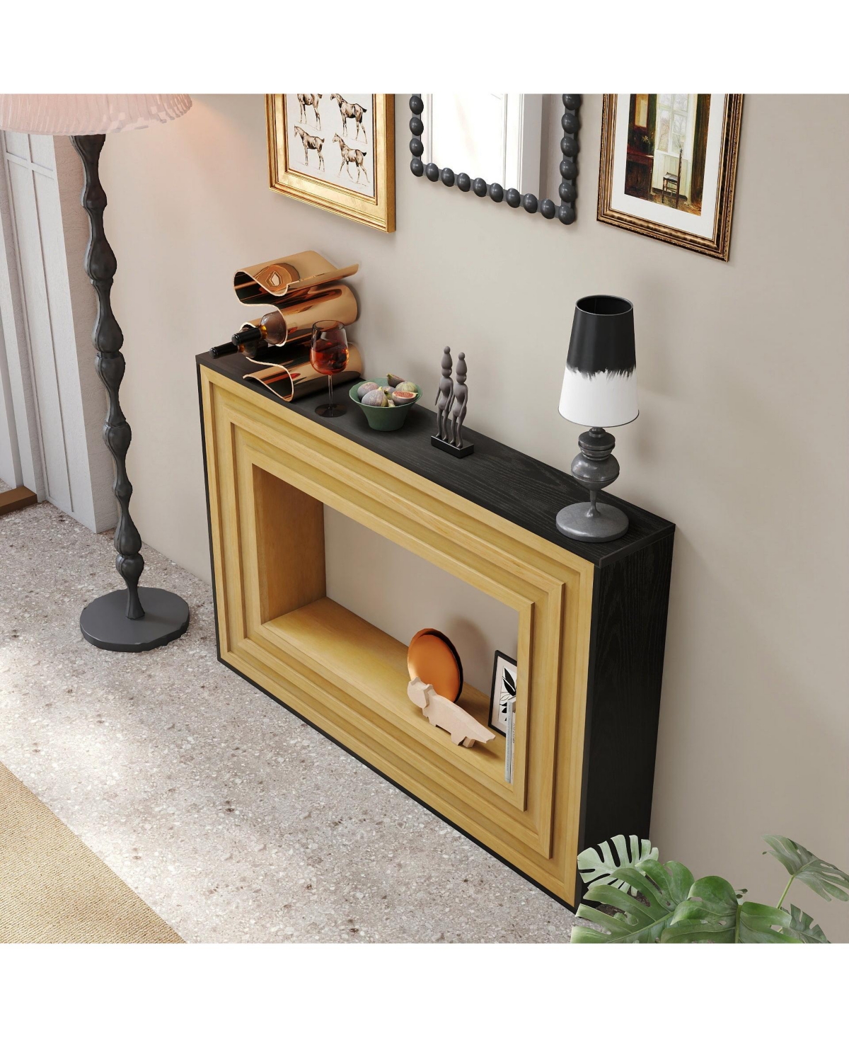 Boyel Living Modern Contrast Entryway Table Console Table with Layered Wood Frame and Black Top