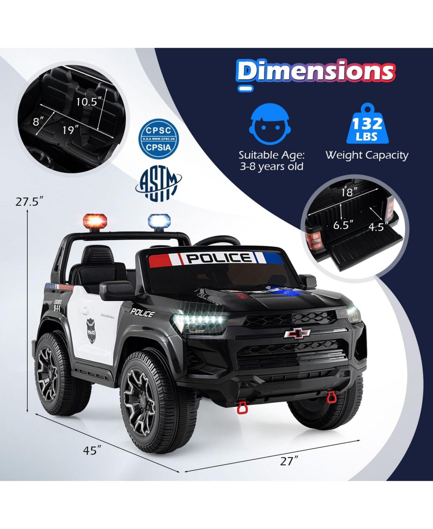 Детская игрушка Mecale 24V 2-Seater Licensed Chevrolet Police Car 4WD with Remote Control, Ages 3-8, цвет: Чёрный — фото 3