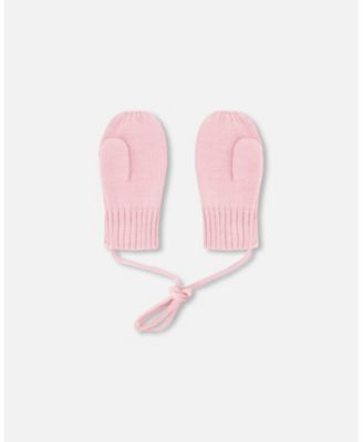 Baby Girls Knit Mittens with Cord Pale