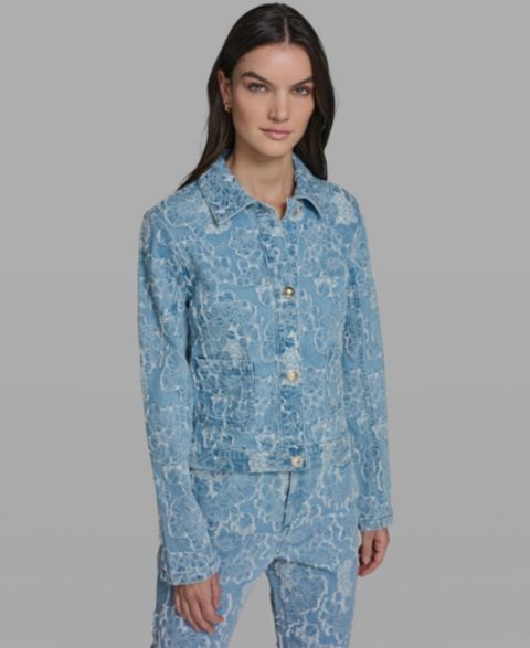 Женские куртки KARL LAGERFELD PARIS Collared Long-Sleeve Floral Print Denim Jacket