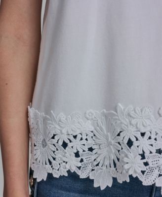 Women's Crew Neck Short-Sleeve Floral Crochet-Trim Top