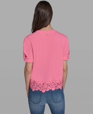 Women's Crew Neck Short-Sleeve Floral Crochet-Trim Top