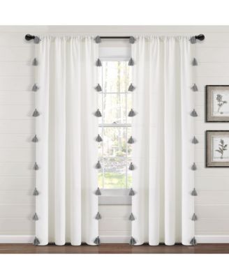 Boho Faux Linen Texture Tassel Window Curtain Panel Single 52"W x 84"L White & Gray - White Curtains For Bedroom - Living Room Curtains