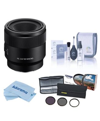 FE 50mm f/2.8 Macro Lens for Sony E, Bundle with 55mm Essentials Filter Kit, Cleaning Kit and Cleaning Cloth