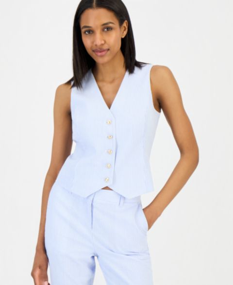 Женские жилеты Tahari ASL Women's Seersucker Stripe Cotton Button-Front Vest