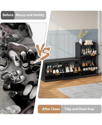 Farmhouse Entryway Shoe Cabinet with Bench & 4 Flip Drawers, Comfort Cushioned Shoe Storage