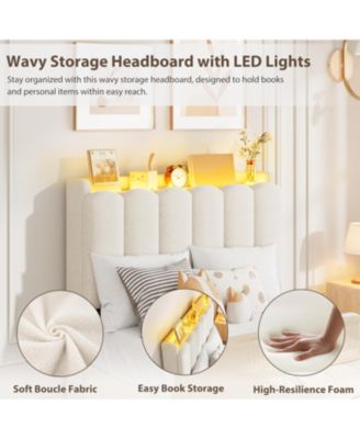 LED Full Size Bed Frame with Storage Headboard, Kids Bed Frame with 2 Drawers, Boucle Upholstered Platform Bed for Girls