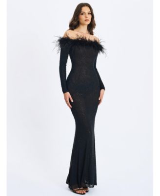 Women's Emberly Black Fur Trimmed Off-Shoulder Rhinestone Mermaid Maxi Dress