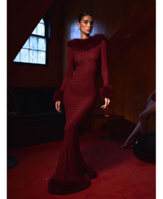 Women Mellie Burgundy Regular-Length Rhinestone Mesh Low Back Mermaid Gown